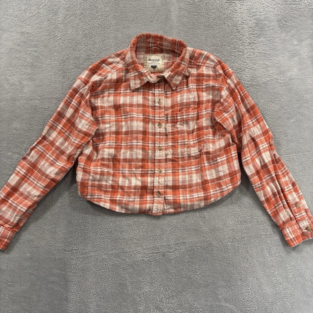 American Eagle Shirt Women's XS Soft Cropped Flannel Orange and White Western